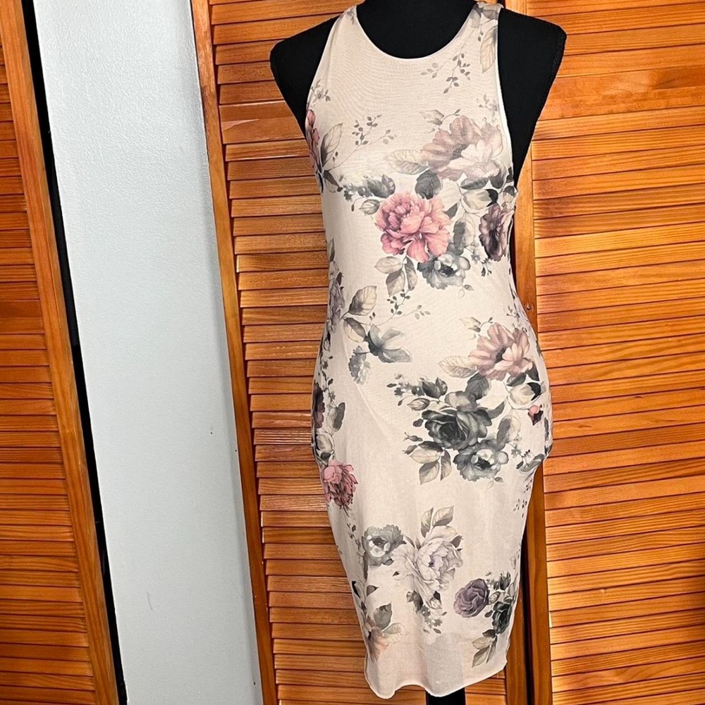 Mind Code Tan Floral Sheer Sleeveless Bodycon Dress